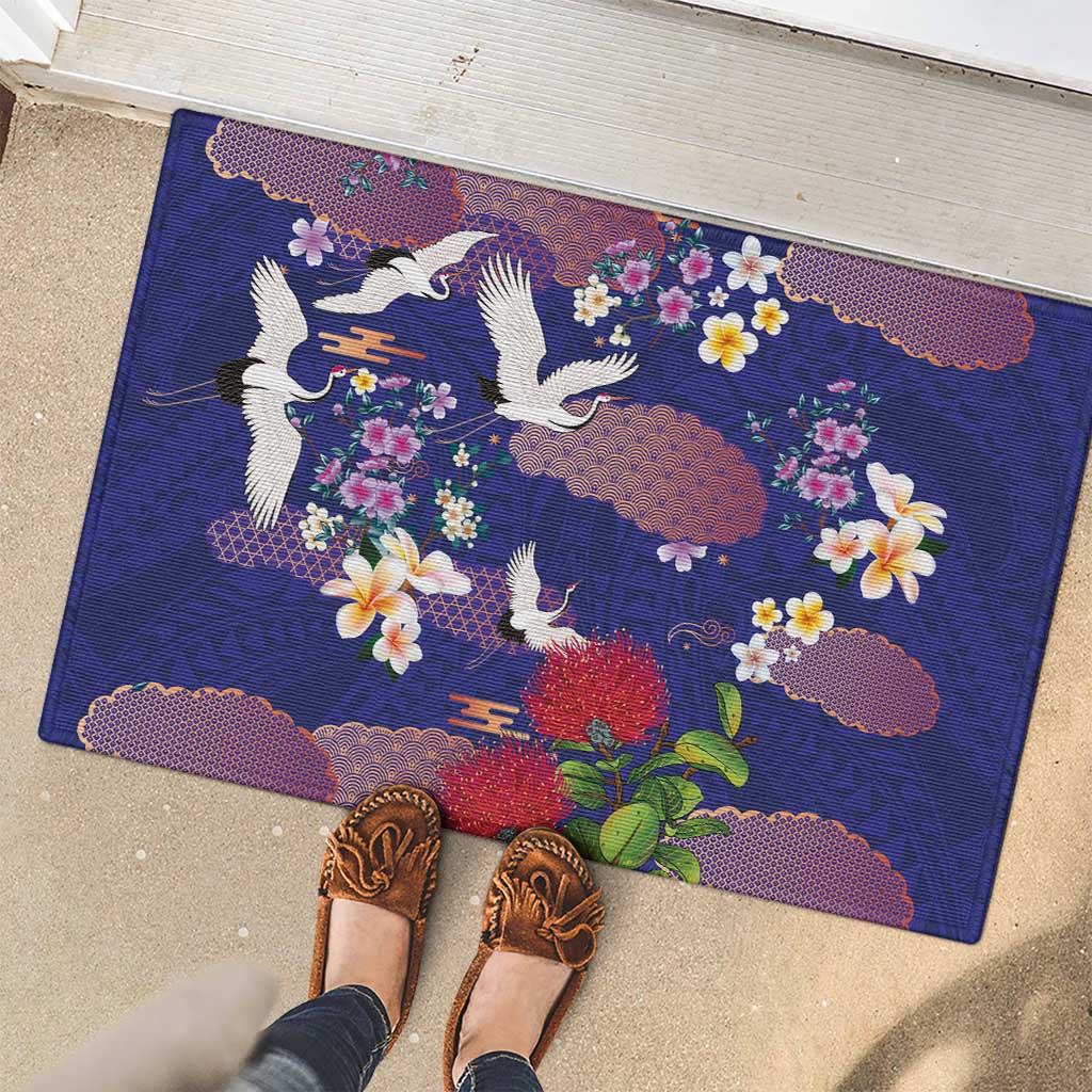 Hawaiian and Japanese Culture Together Rubber Doormat Blue Ohia Lehua Plumeria and Sakura Blooming LT03 - Polynesian Pride