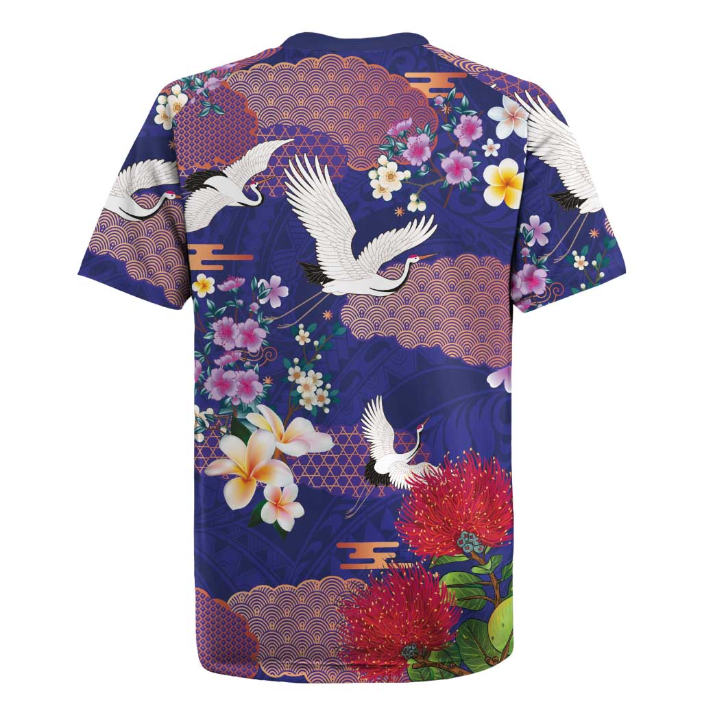 Hawaiian and Japanese Culture Together Rugby Jersey Blue Ohia Lehua Plumeria and Sakura Blooming LT03 - Polynesian Pride