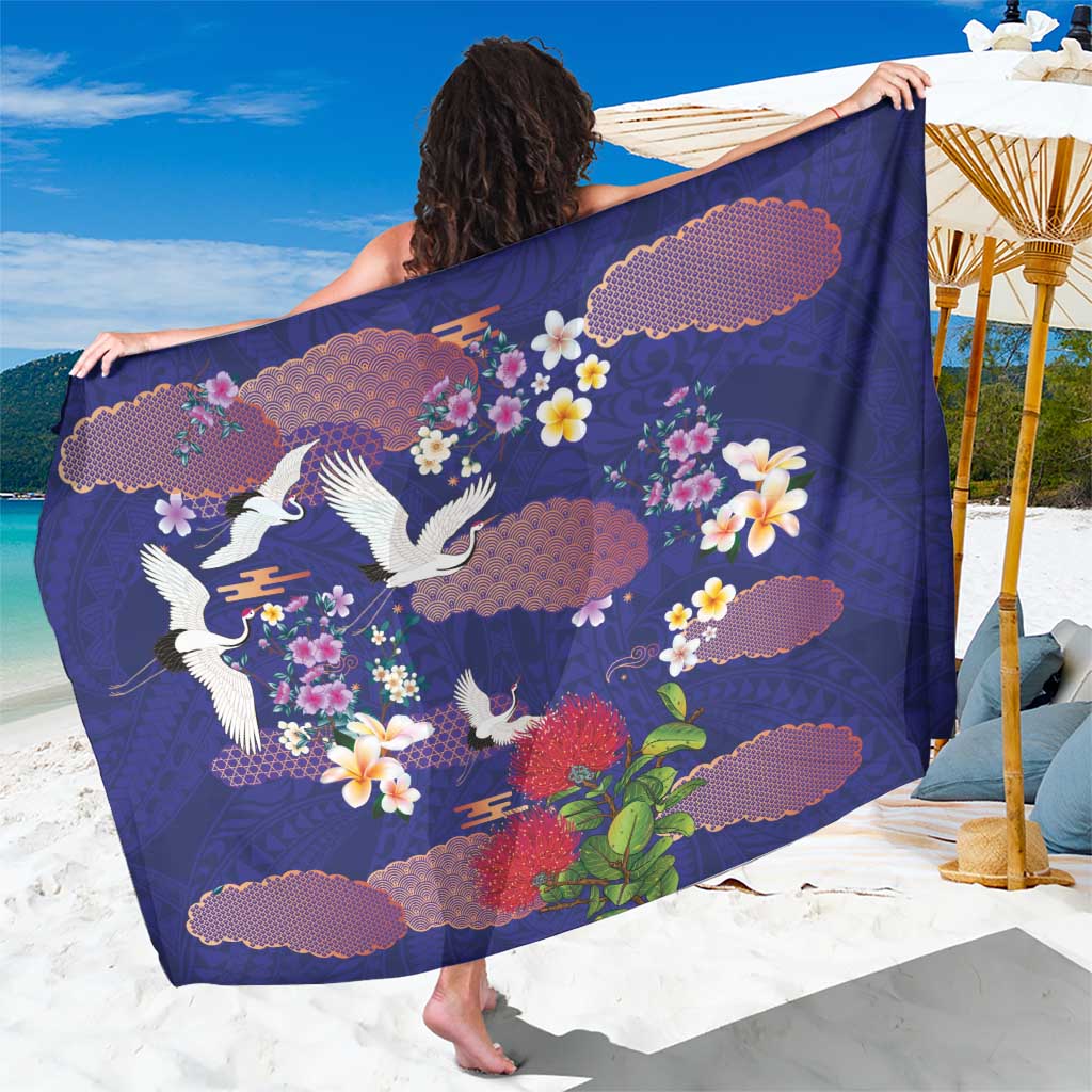 Hawaiian and Japanese Culture Together Sarong Blue Ohia Lehua Plumeria and Sakura Blooming LT03 One Size 44 x 66 inches Blue - Polynesian Pride