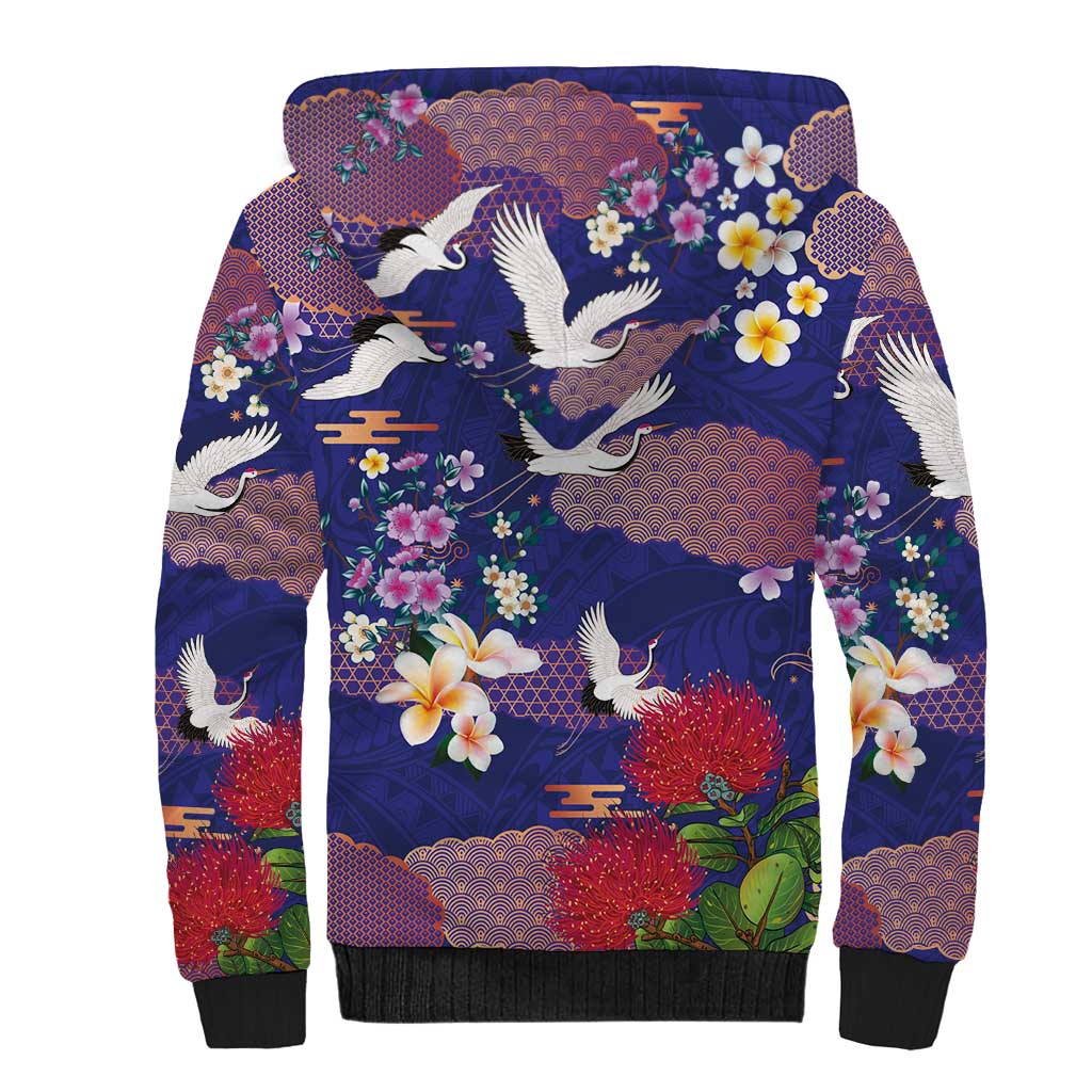 Hawaiian and Japanese Culture Together Sherpa Hoodie Blue Ohia Lehua Plumeria and Sakura Blooming LT03 - Polynesian Pride