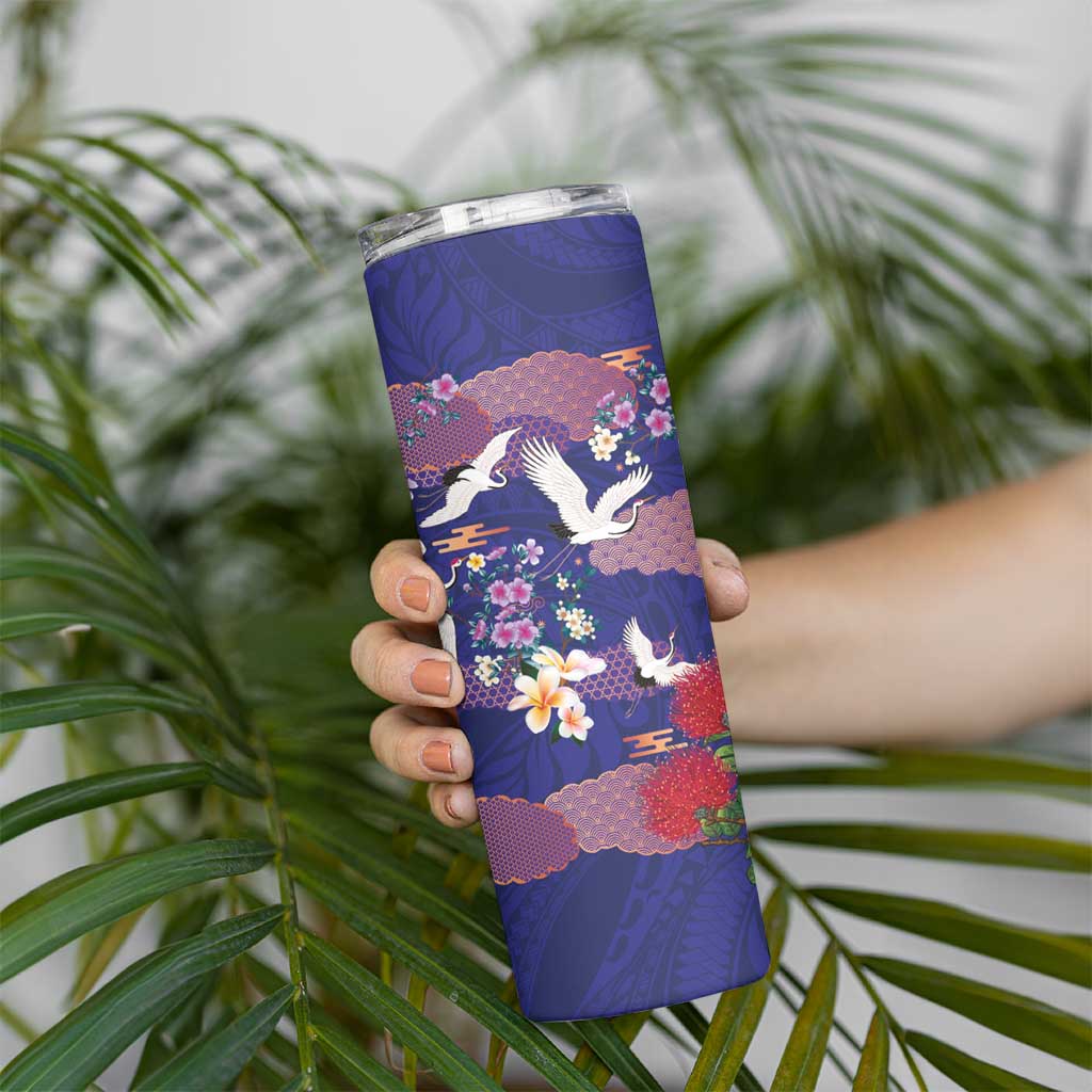 Hawaiian and Japanese Culture Together Skinny Tumbler Blue Ohia Lehua Plumeria and Sakura Blooming LT03 - Polynesian Pride