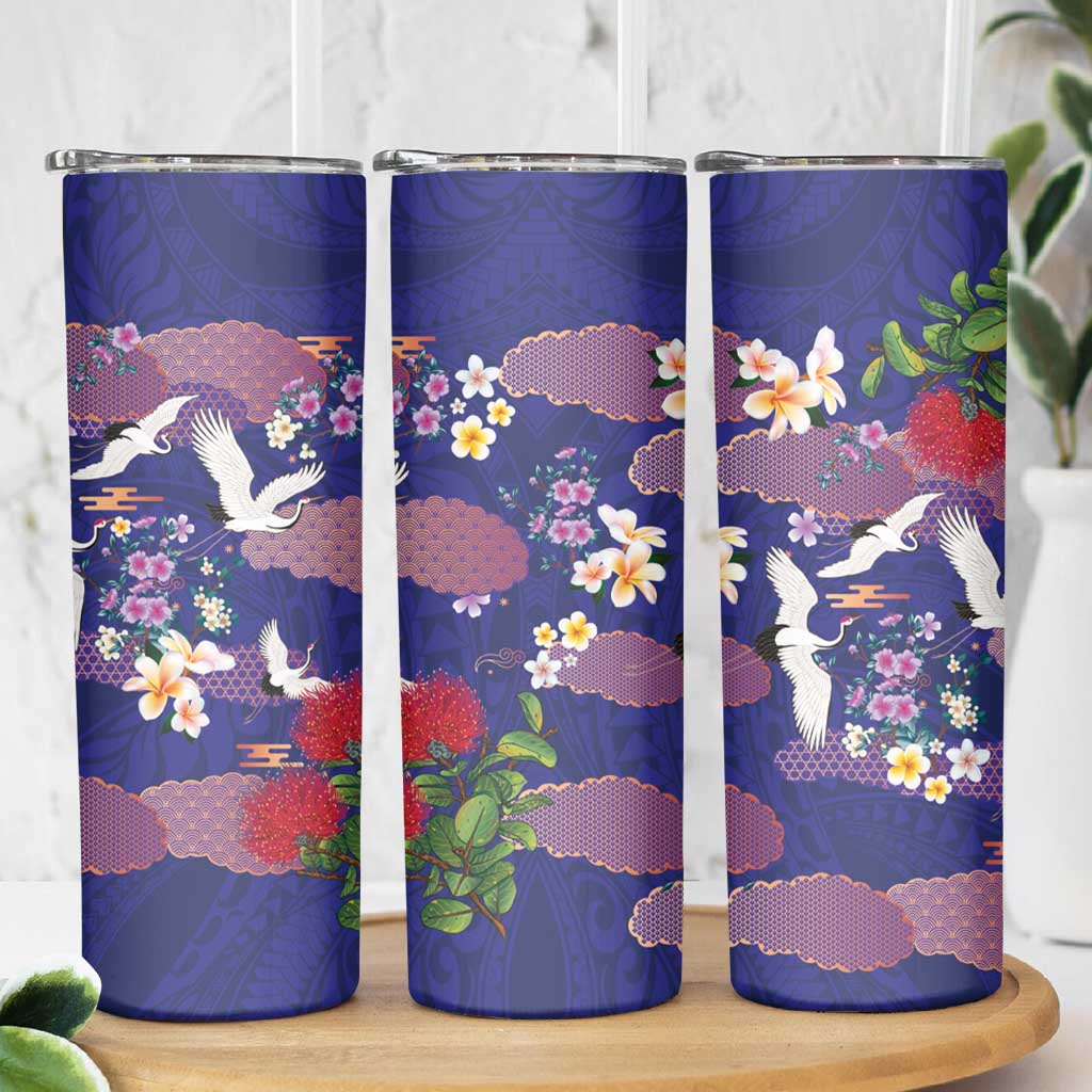 Hawaiian and Japanese Culture Together Skinny Tumbler Blue Ohia Lehua Plumeria and Sakura Blooming LT03 - Polynesian Pride