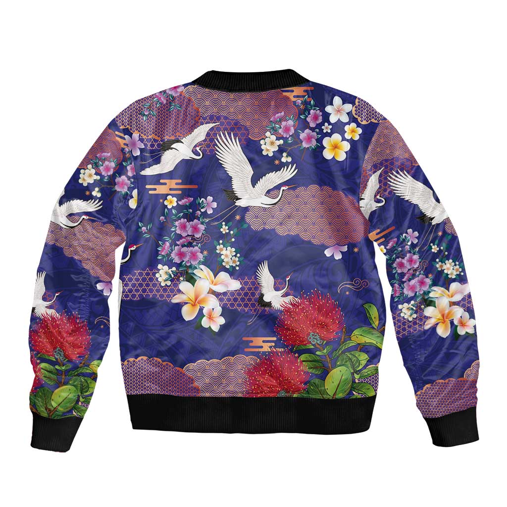 Hawaiian and Japanese Culture Together Sleeve Zip Bomber Jacket Blue Ohia Lehua Plumeria and Sakura Blooming LT03 - Polynesian Pride