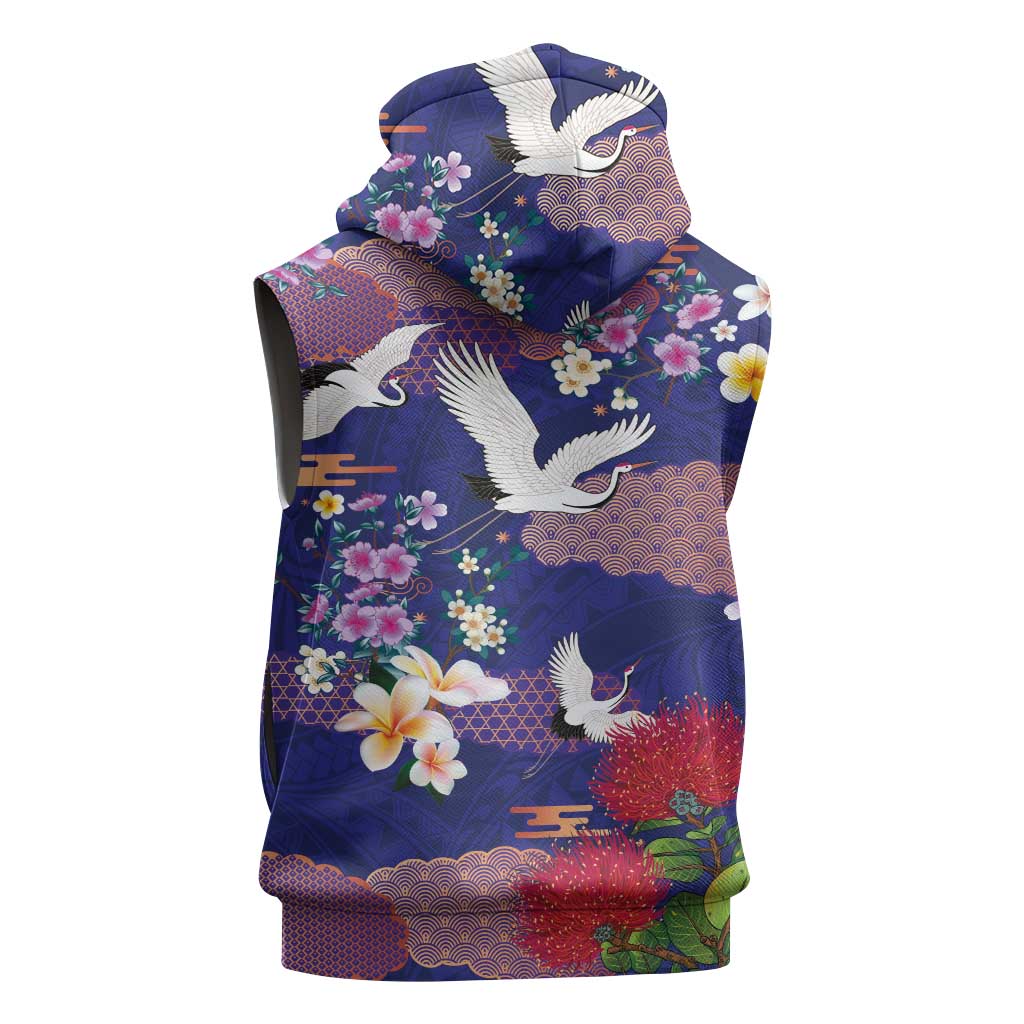 Hawaiian and Japanese Culture Together Sleeveless Hoodie Blue Ohia Lehua Plumeria and Sakura Blooming LT03 - Polynesian Pride
