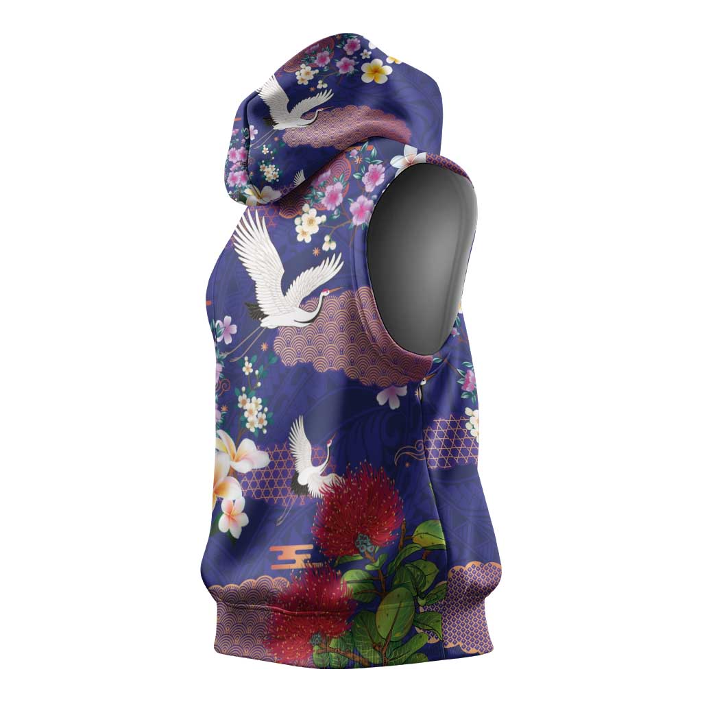 Hawaiian and Japanese Culture Together Sleeveless Hoodie Blue Ohia Lehua Plumeria and Sakura Blooming LT03 - Polynesian Pride