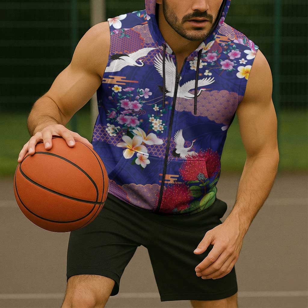 Hawaiian and Japanese Culture Together Sleeveless Zip Hoodie Blue Ohia Lehua Plumeria and Sakura Blooming LT03 - Polynesian Pride