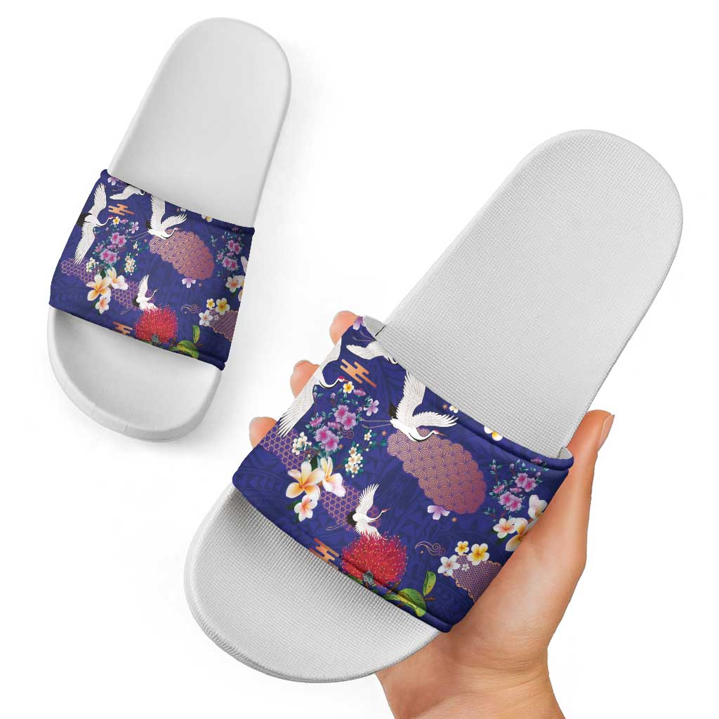 Hawaiian and Japanese Culture Together Slide Sandals Blue Ohia Lehua Plumeria and Sakura Blooming LT03 - Polynesian Pride