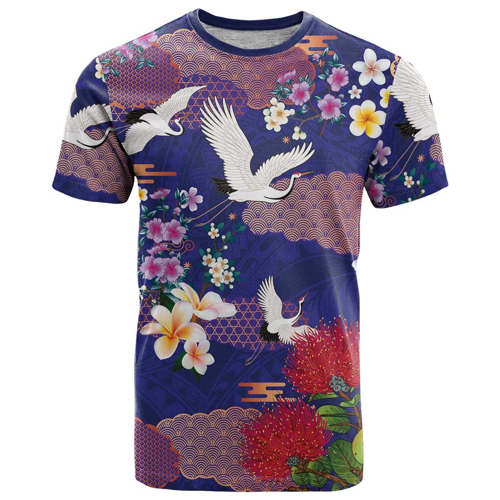 Hawaiian and Japanese Culture Together T Shirt Blue Ohia Lehua Plumeria and Sakura Blooming LT03 Blue - Polynesian Pride