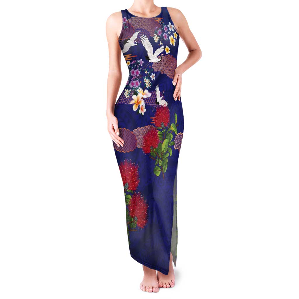 Hawaiian and Japanese Culture Together Tank Maxi Dress Blue Ohia Lehua Plumeria and Sakura Blooming - Polynesian Pride