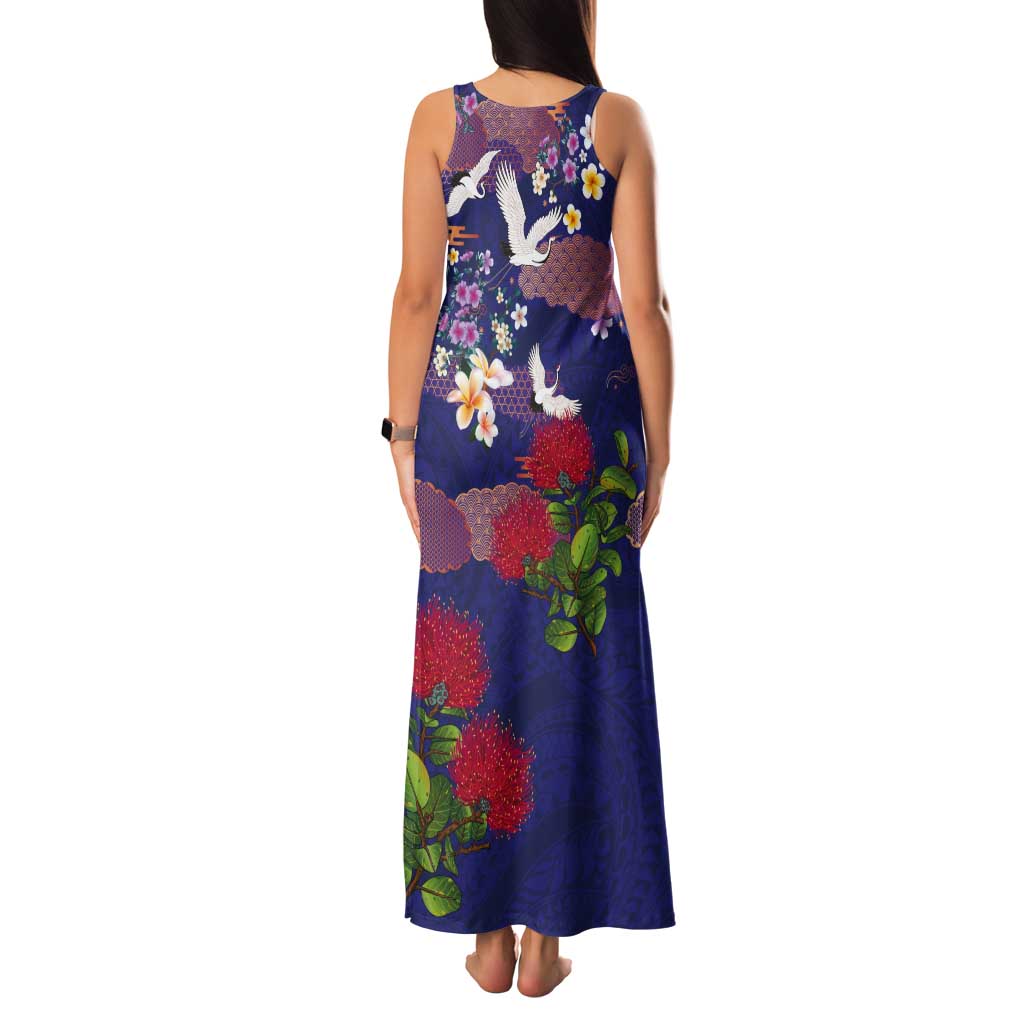 Hawaiian and Japanese Culture Together Tank Maxi Dress Blue Ohia Lehua Plumeria and Sakura Blooming LT03 - Polynesian Pride
