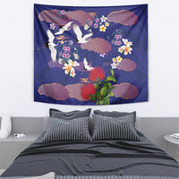 Hawaiian and Japanese Culture Together Tapestry Blue Ohia Lehua Plumeria and Sakura Blooming LT03 - Polynesian Pride