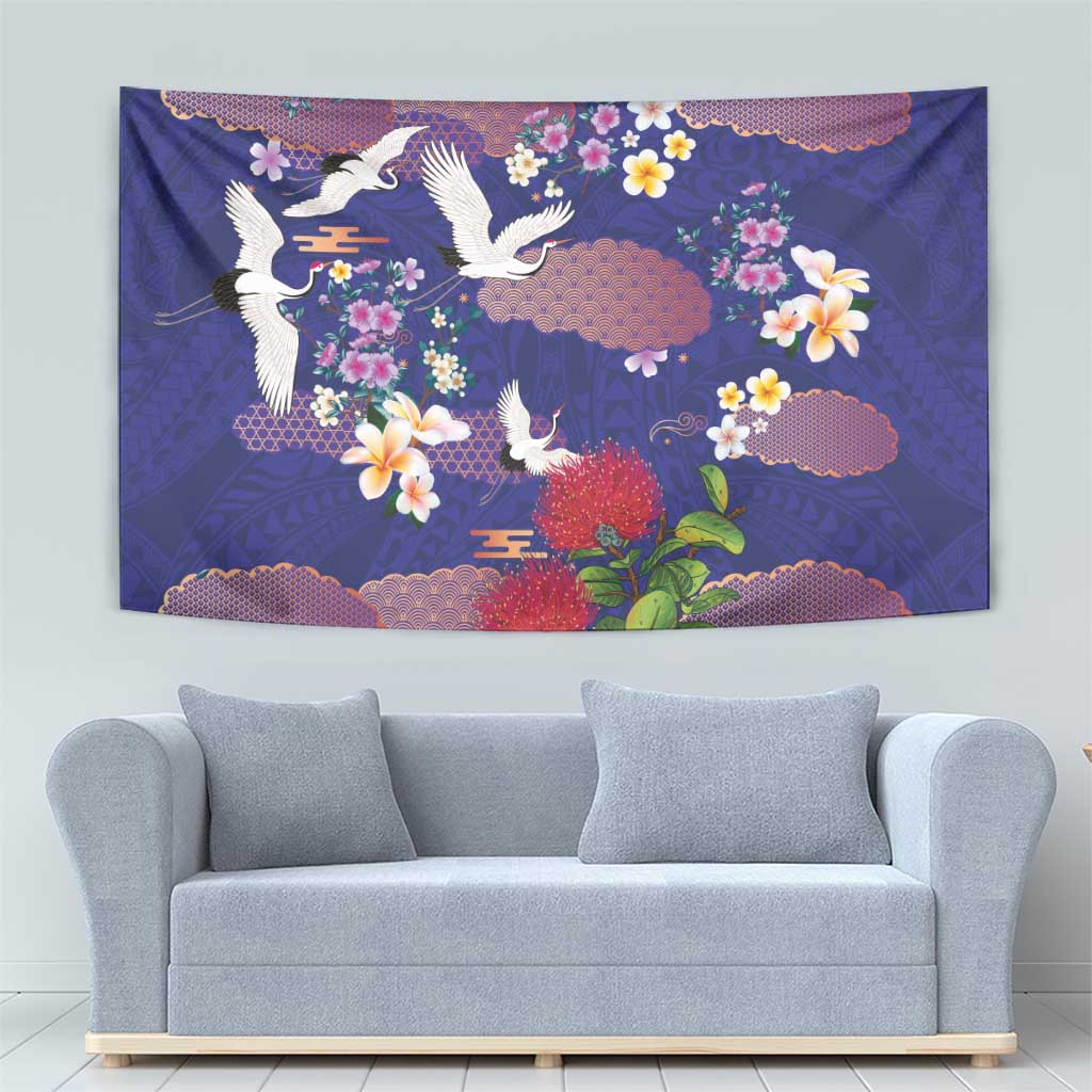 Hawaiian and Japanese Culture Together Tapestry Blue Ohia Lehua Plumeria and Sakura Blooming LT03 - Polynesian Pride