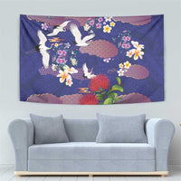 Hawaiian and Japanese Culture Together Tapestry Blue Ohia Lehua Plumeria and Sakura Blooming LT03 - Polynesian Pride