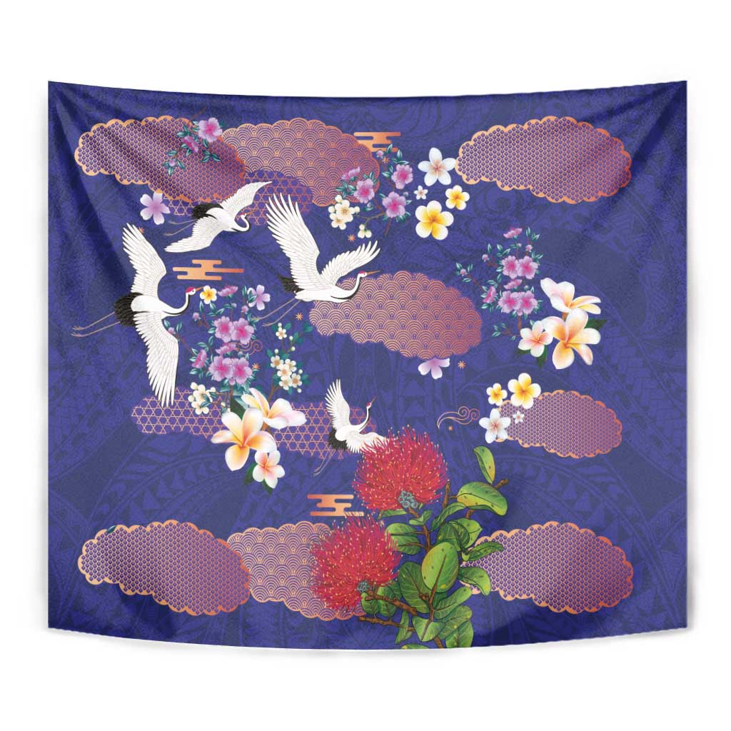 Hawaiian and Japanese Culture Together Tapestry Blue Ohia Lehua Plumeria and Sakura Blooming LT03 - Polynesian Pride