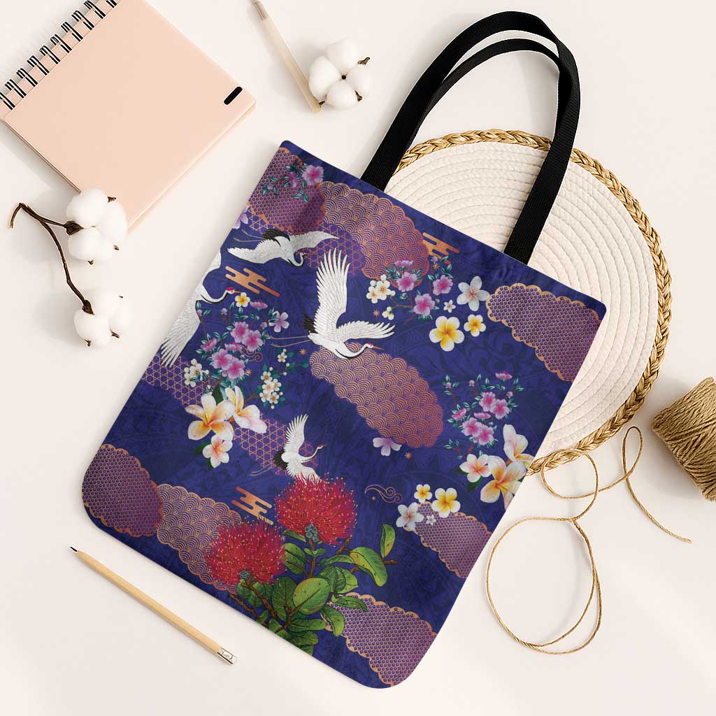 Hawaiian and Japanese Culture Together Tote Bag Blue Ohia Lehua Plumeria and Sakura Blooming LT03 Black Strap One Size Blue - Polynesian Pride