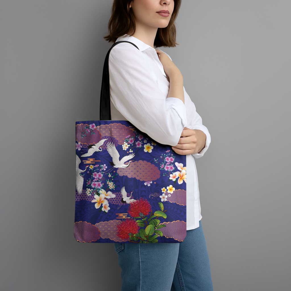 Hawaiian and Japanese Culture Together Tote Bag Blue Ohia Lehua Plumeria and Sakura Blooming LT03 - Polynesian Pride