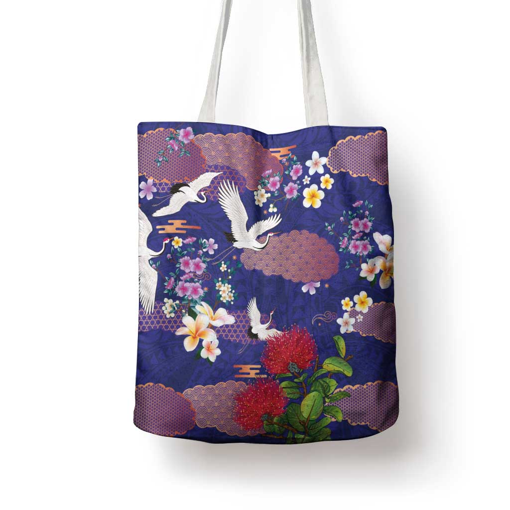 Hawaiian and Japanese Culture Together Tote Bag Blue Ohia Lehua Plumeria and Sakura Blooming LT03 - Polynesian Pride