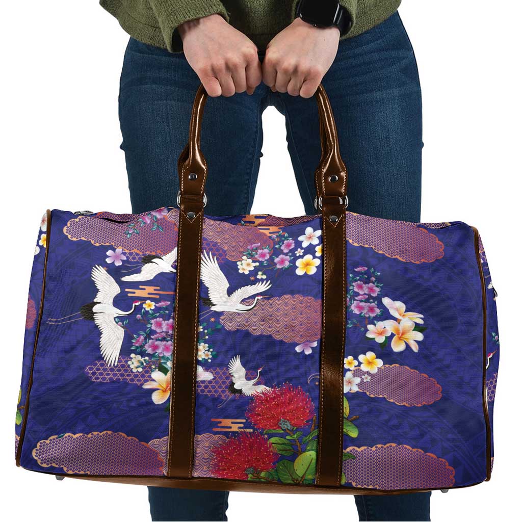 Hawaiian and Japanese Culture Together Travel Bag Blue Ohia Lehua Plumeria and Sakura Blooming LT03 Blue - Polynesian Pride