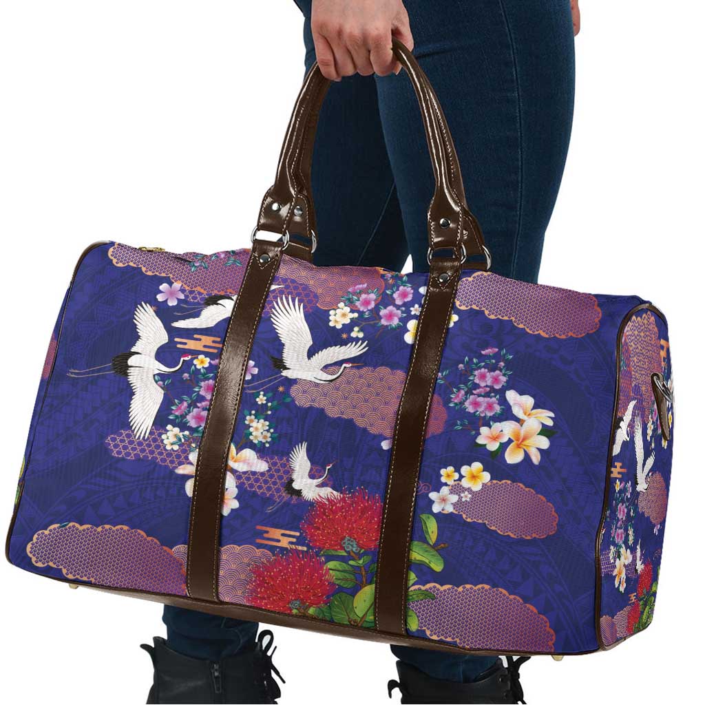 Hawaiian and Japanese Culture Together Travel Bag Blue Ohia Lehua Plumeria and Sakura Blooming LT03 - Polynesian Pride