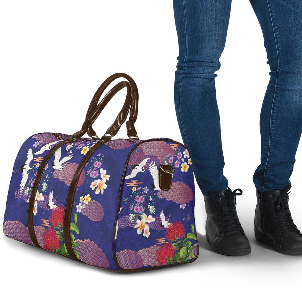 Hawaiian and Japanese Culture Together Travel Bag Blue Ohia Lehua Plumeria and Sakura Blooming LT03 - Polynesian Pride