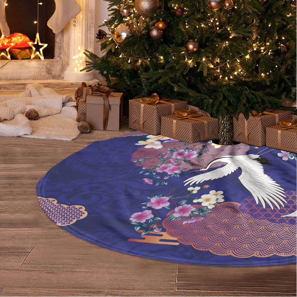 Hawaiian and Japanese Culture Together Tree Skirt Blue Ohia Lehua Plumeria and Sakura Blooming LT03 - Polynesian Pride