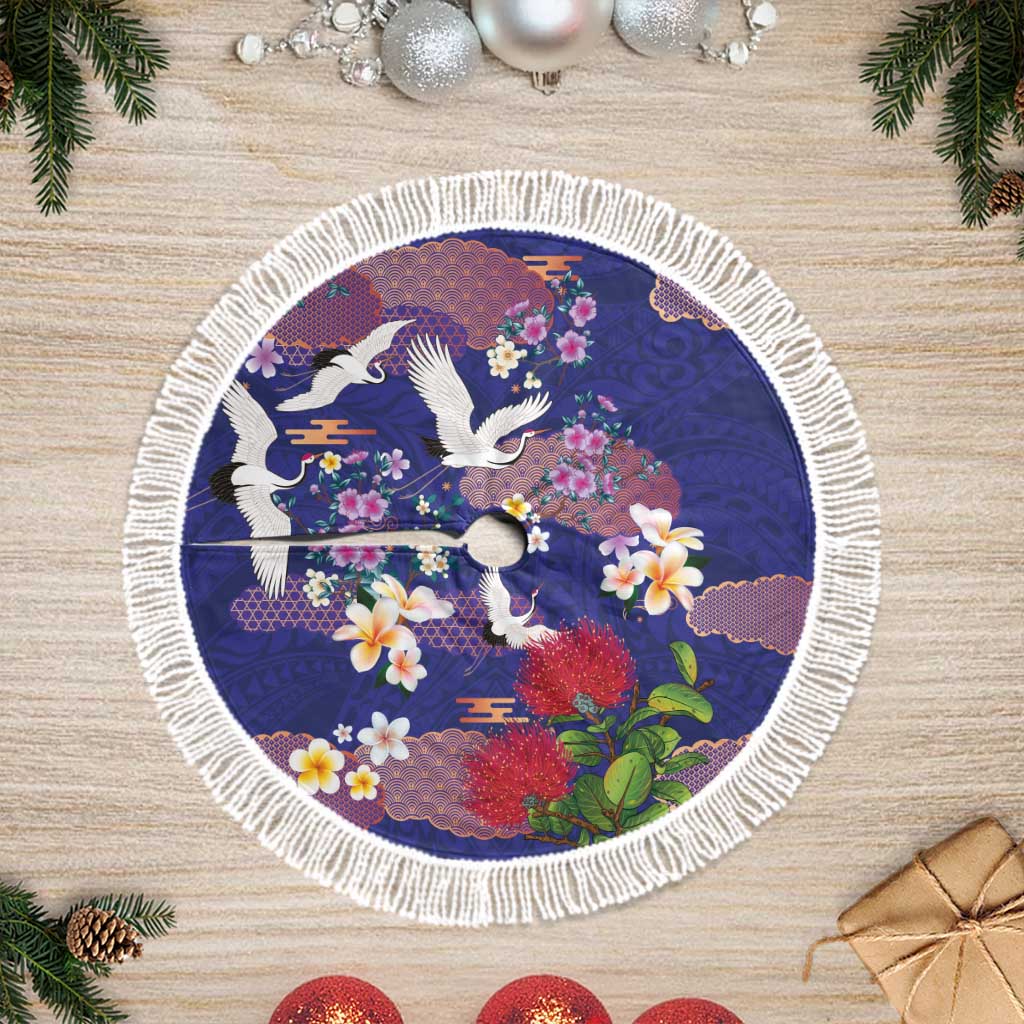 Hawaiian and Japanese Culture Together Tree Skirt Blue Ohia Lehua Plumeria and Sakura Blooming LT03 Fringed Blue - Polynesian Pride