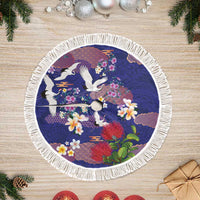 Hawaiian and Japanese Culture Together Tree Skirt Blue Ohia Lehua Plumeria and Sakura Blooming LT03 Fringed Blue - Polynesian Pride