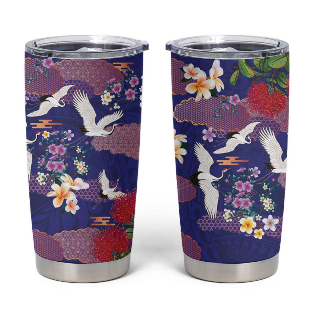 Hawaiian and Japanese Culture Together Tumbler Cup Blue Ohia Lehua Plumeria and Sakura Blooming LT03 Blue - Polynesian Pride