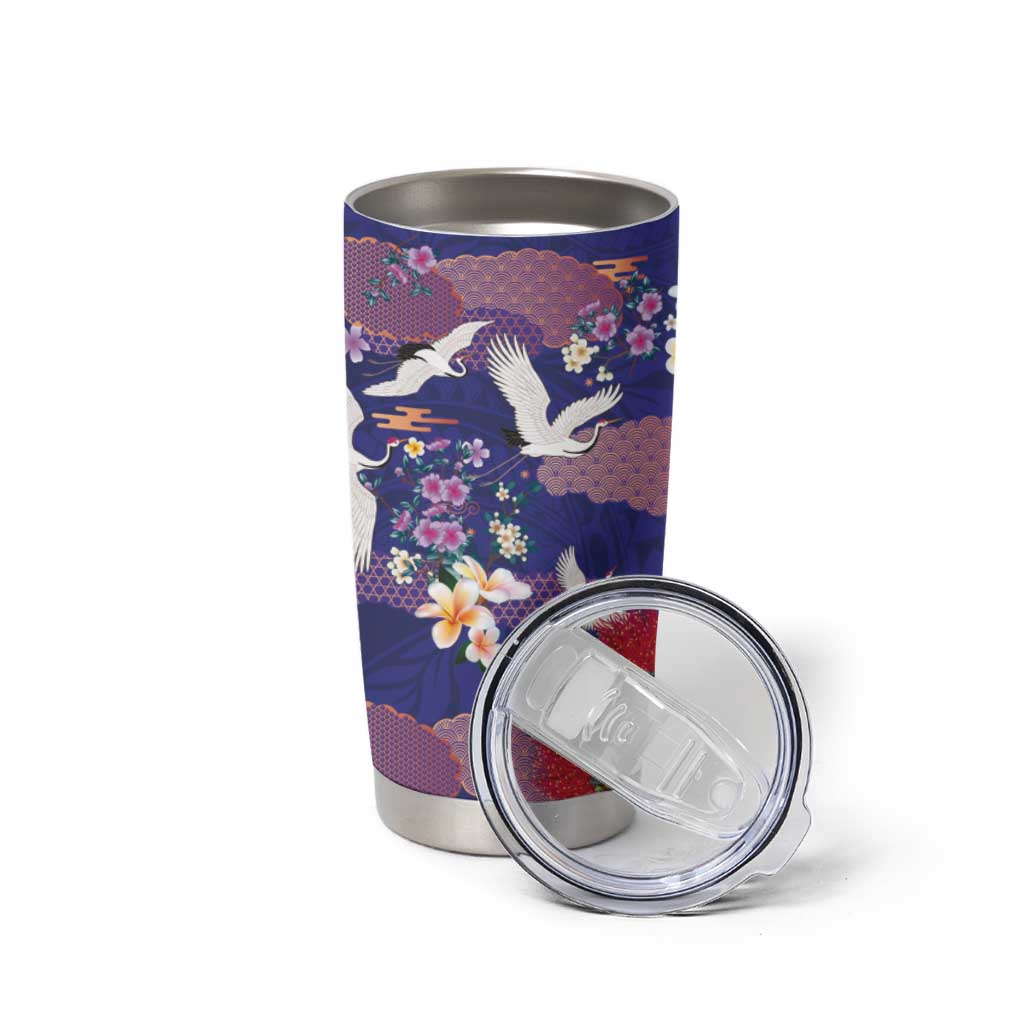 Hawaiian and Japanese Culture Together Tumbler Cup Blue Ohia Lehua Plumeria and Sakura Blooming LT03 - Polynesian Pride