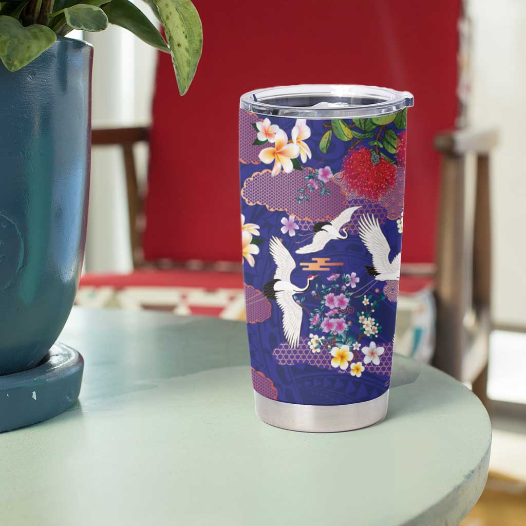 Hawaiian and Japanese Culture Together Tumbler Cup Blue Ohia Lehua Plumeria and Sakura Blooming LT03 - Polynesian Pride