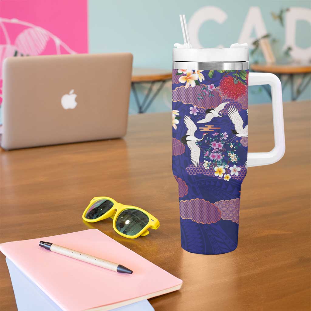 Hawaiian and Japanese Culture Together Tumbler With Handle Blue Ohia Lehua Plumeria and Sakura Blooming LT03 - Polynesian Pride