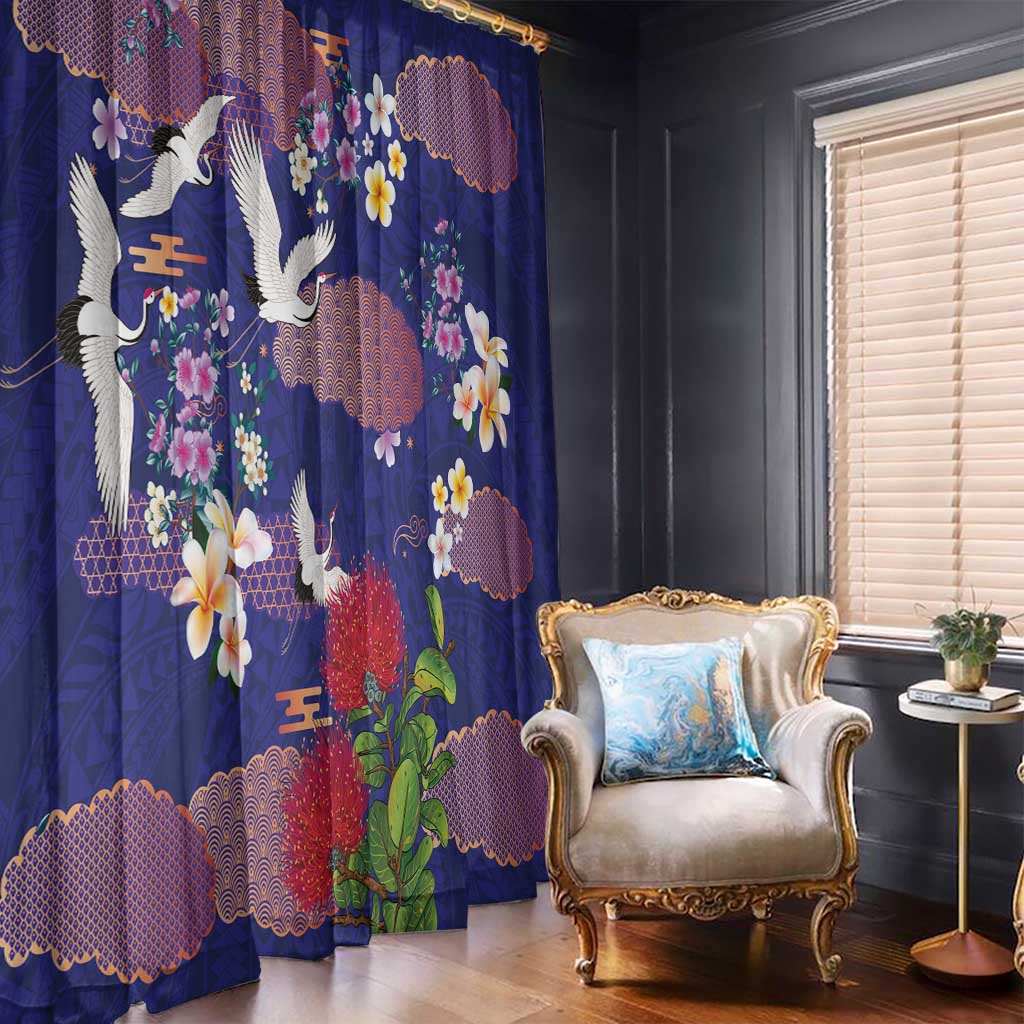 Hawaiian and Japanese Culture Together Window Curtain Blue Ohia Lehua Plumeria and Sakura Blooming LT03 - Polynesian Pride