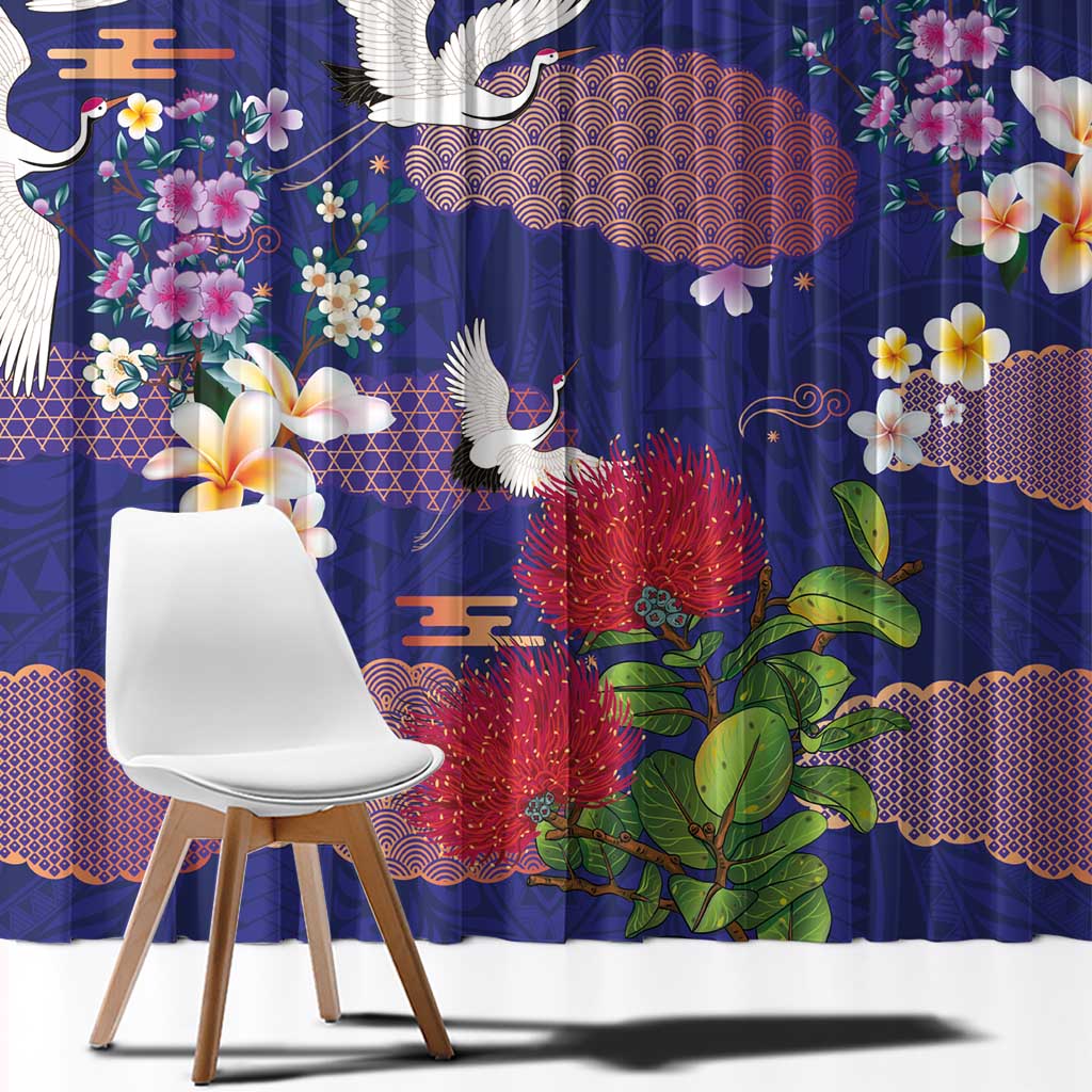 Hawaiian and Japanese Culture Together Window Curtain Blue Ohia Lehua Plumeria and Sakura Blooming LT03 - Polynesian Pride
