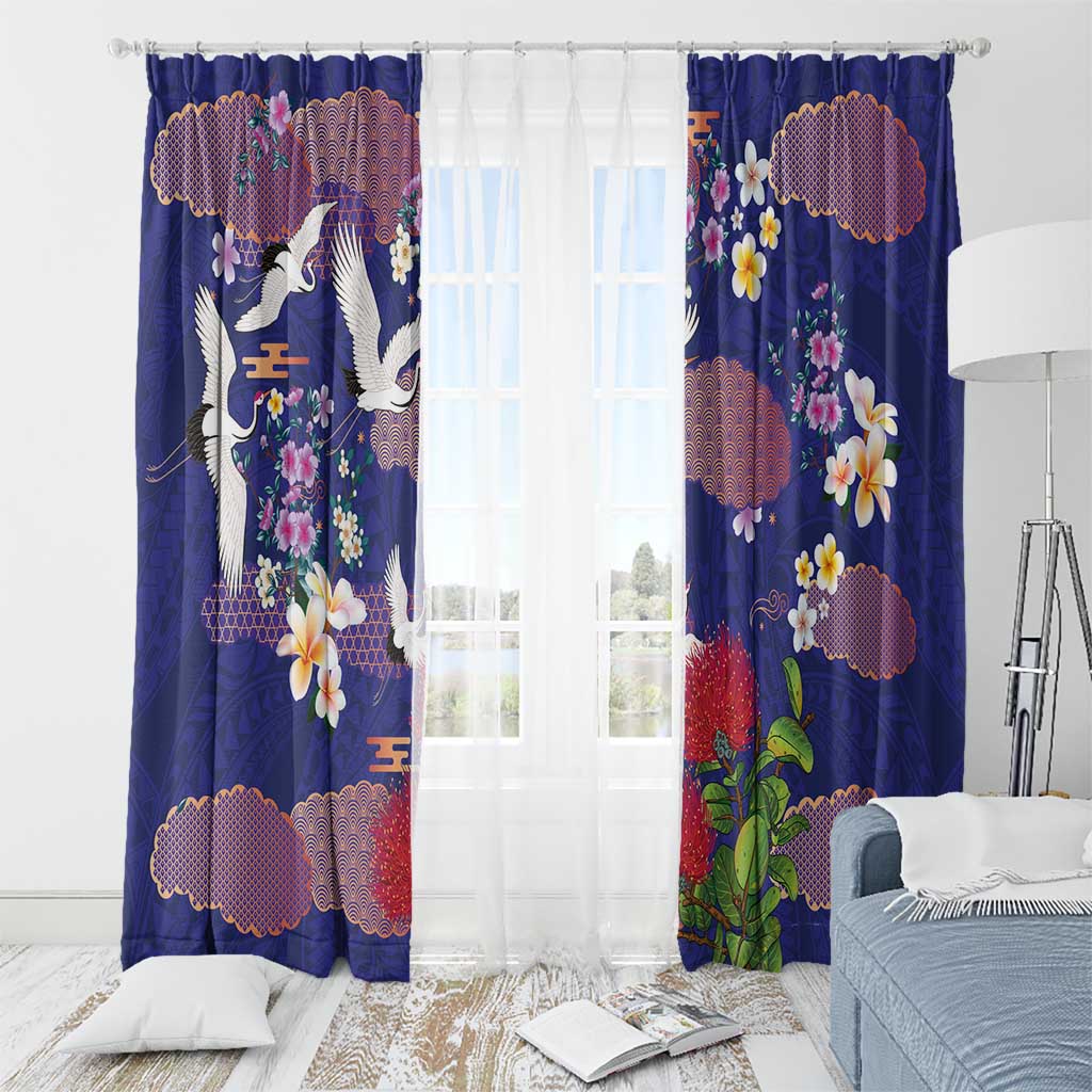 Hawaiian and Japanese Culture Together Window Curtain Blue Ohia Lehua Plumeria and Sakura Blooming LT03 - Polynesian Pride