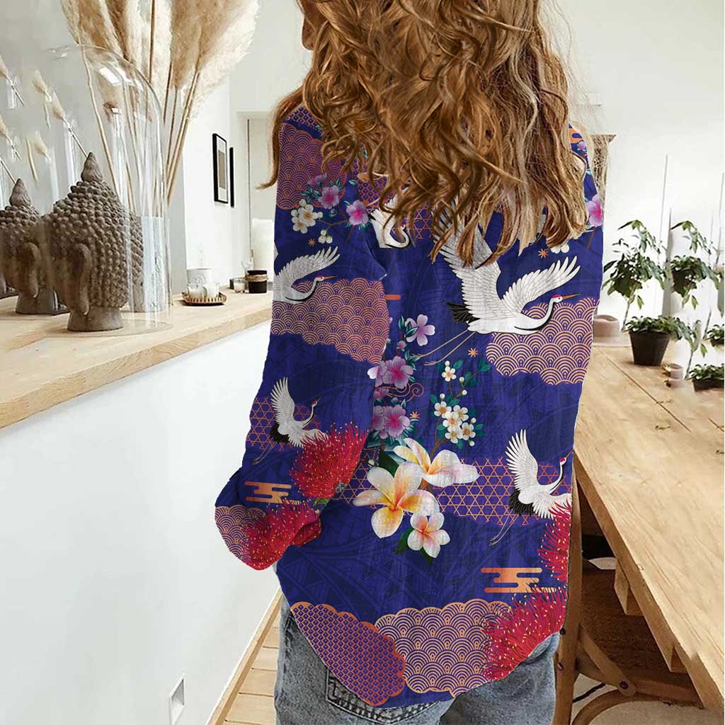 Hawaiian and Japanese Culture Together Women Casual Shirt Blue Ohia Lehua Plumeria and Sakura Blooming LT03 - Polynesian Pride