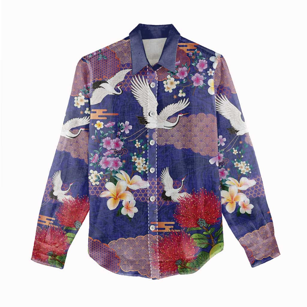 Hawaiian and Japanese Culture Together Women Casual Shirt Blue Ohia Lehua Plumeria and Sakura Blooming LT03 - Polynesian Pride