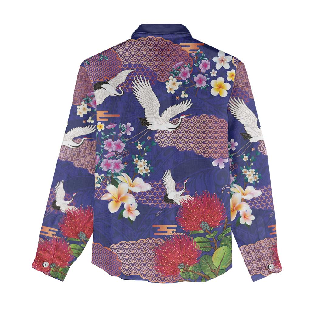 Hawaiian and Japanese Culture Together Women Casual Shirt Blue Ohia Lehua Plumeria and Sakura Blooming LT03 - Polynesian Pride
