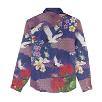 Hawaiian and Japanese Culture Together Women Casual Shirt Blue Ohia Lehua Plumeria and Sakura Blooming LT03 - Polynesian Pride
