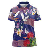Hawaiian and Japanese Culture Together Women Polo Shirt Blue Ohia Lehua Plumeria and Sakura Blooming LT03 Female Blue - Polynesian Pride