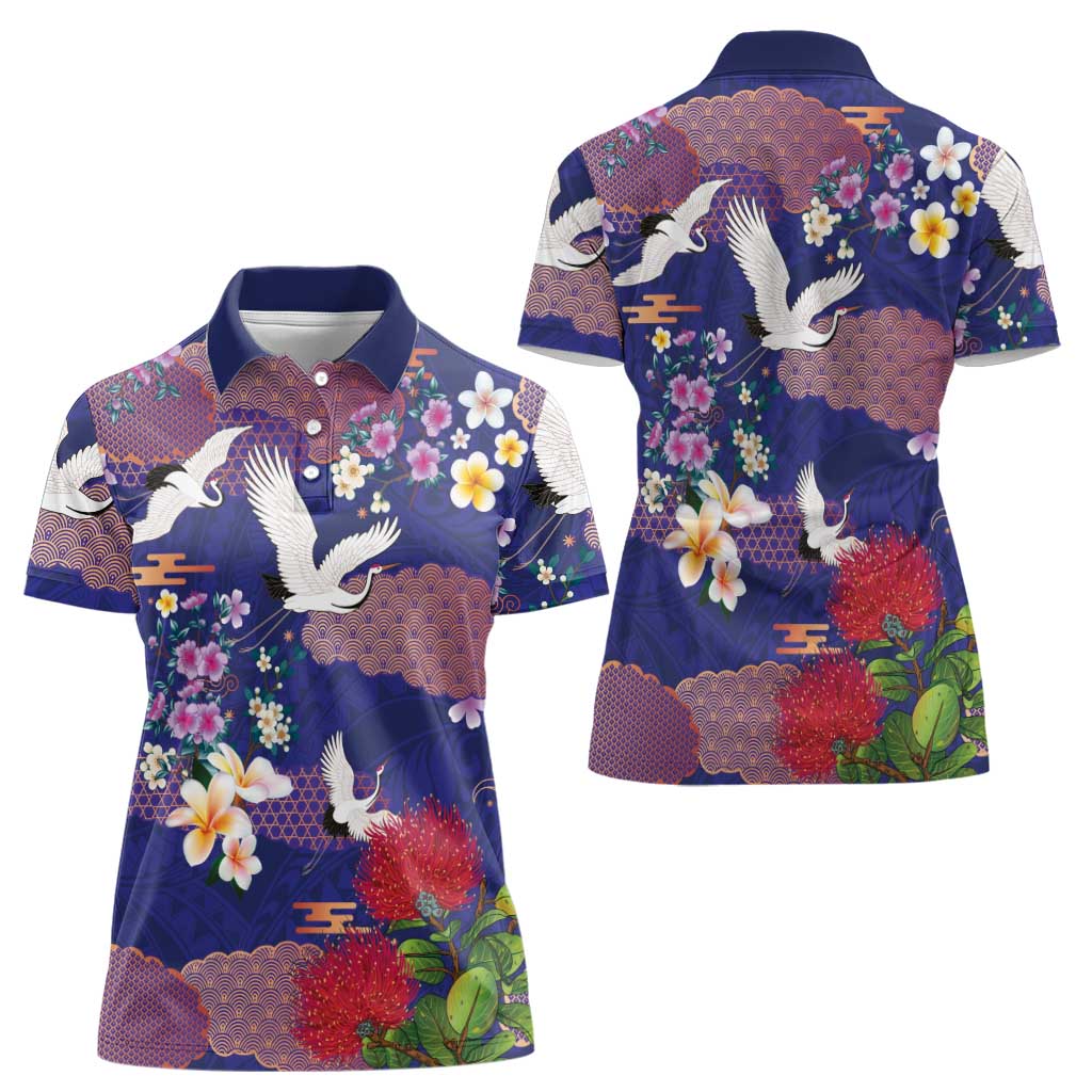 Hawaiian and Japanese Culture Together Women Polo Shirt Blue Ohia Lehua Plumeria and Sakura Blooming LT03 - Polynesian Pride