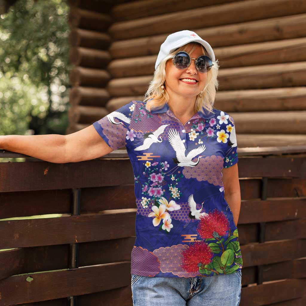Hawaiian and Japanese Culture Together Women Polo Shirt Blue Ohia Lehua Plumeria and Sakura Blooming LT03 - Polynesian Pride