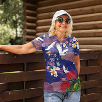 Hawaiian and Japanese Culture Together Women Polo Shirt Blue Ohia Lehua Plumeria and Sakura Blooming LT03 - Polynesian Pride