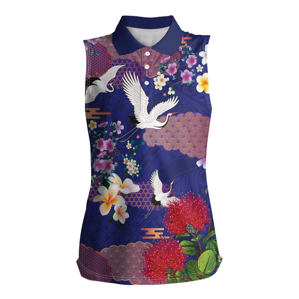 Hawaiian and Japanese Culture Together Women Sleeveless Polo Shirt Blue Ohia Lehua Plumeria and Sakura Blooming - Polynesian Pride