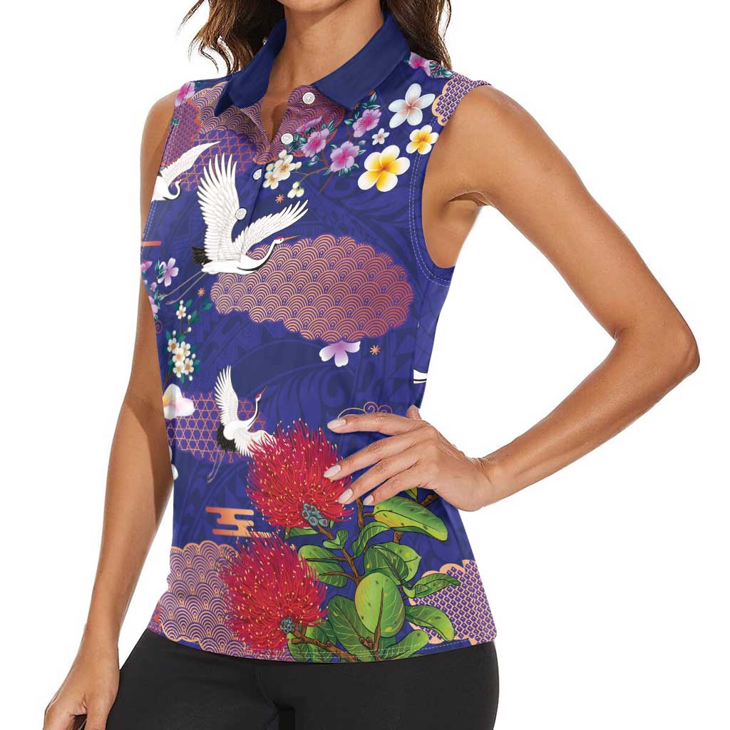 Hawaiian and Japanese Culture Together Women Sleeveless Polo Shirt Blue Ohia Lehua Plumeria and Sakura Blooming - Polynesian Pride
