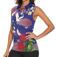 Hawaiian and Japanese Culture Together Women Sleeveless Polo Shirt Blue Ohia Lehua Plumeria and Sakura Blooming - Polynesian Pride