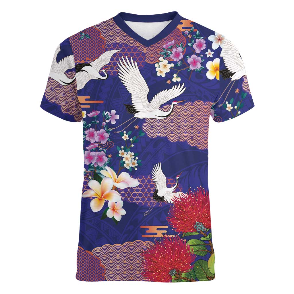 Hawaiian and Japanese Culture Together Women V-Neck T-Shirt Blue Ohia Lehua Plumeria and Sakura Blooming - Polynesian Pride
