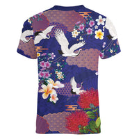 Hawaiian and Japanese Culture Together Women V-Neck T-Shirt Blue Ohia Lehua Plumeria and Sakura Blooming LT03 - Polynesian Pride