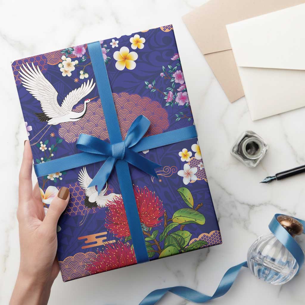 Hawaiian and Japanese Culture Together Wrapping Paper Blue Ohia Lehua Plumeria and Sakura Blooming LT03 - Polynesian Pride