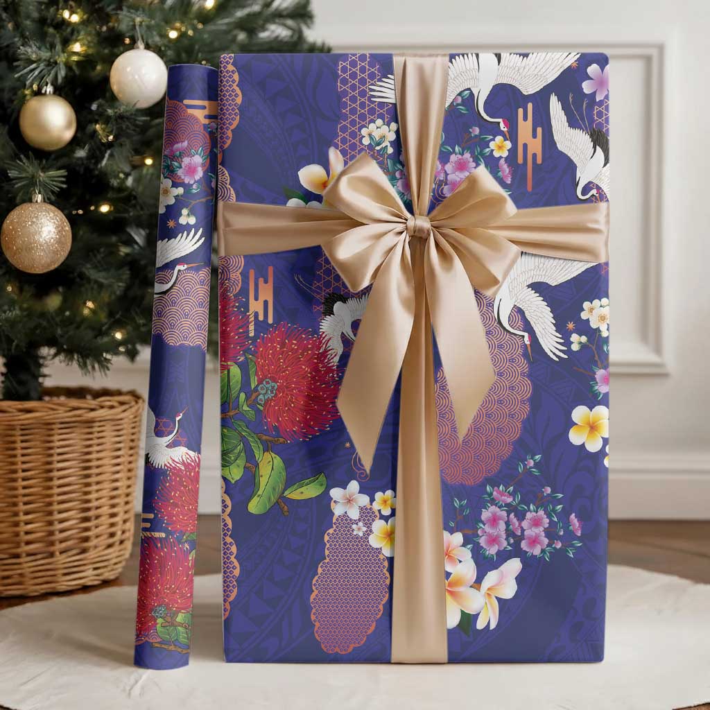 Hawaiian and Japanese Culture Together Wrapping Paper Blue Ohia Lehua Plumeria and Sakura Blooming LT03 - Polynesian Pride