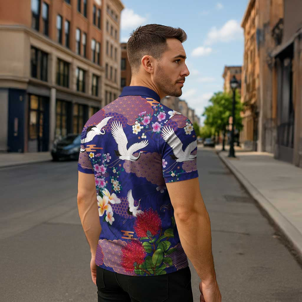 Hawaiian and Japanese Culture Together Zipper Polo Shirt Blue Ohia Lehua Plumeria and Sakura Blooming LT03 - Polynesian Pride